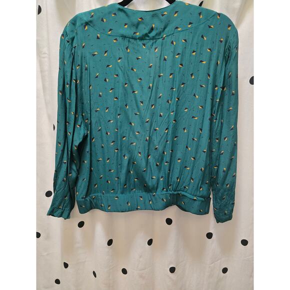 Vintage Tobria green abstract print long sleeve deep v shirt with gold buttons - Picture 7 of 11